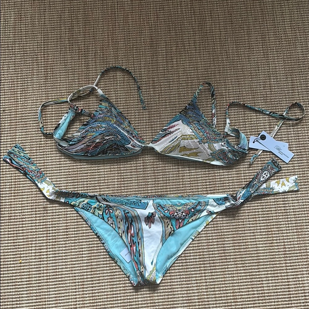 Blumarine turquoise Patterned Bikini with yellow and blue beads Set